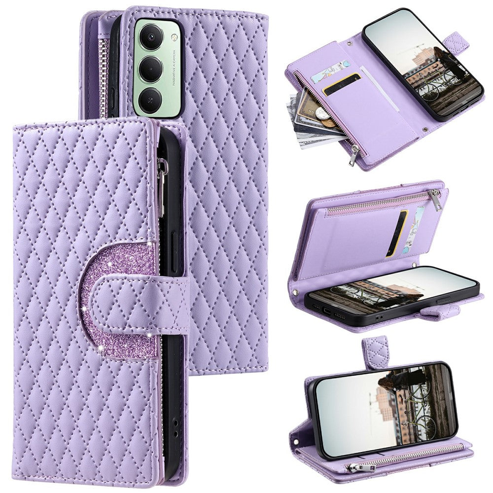 Xiaomi Redmi 15 5G (EU) (171mm) / 4G (EU) (171mm) Fodral Blixtlåsficka Glitter Läder Mobilskal med Handledsrem