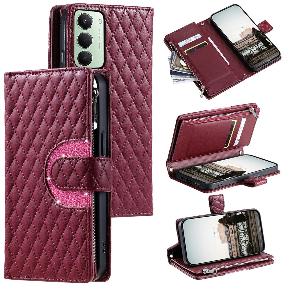 Xiaomi Redmi 15 5G (EU) (171mm) / 4G (EU) (171mm) Fodral Blixtlåsficka Glitter Läder Mobilskal med Handledsrem