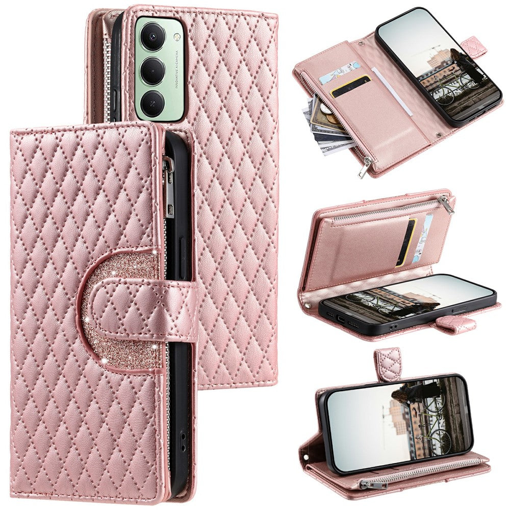 Xiaomi Redmi 15 5G (EU) (171mm) / 4G (EU) (171mm) Fodral Blixtlåsficka Glitter Läder Mobilskal med Handledsrem