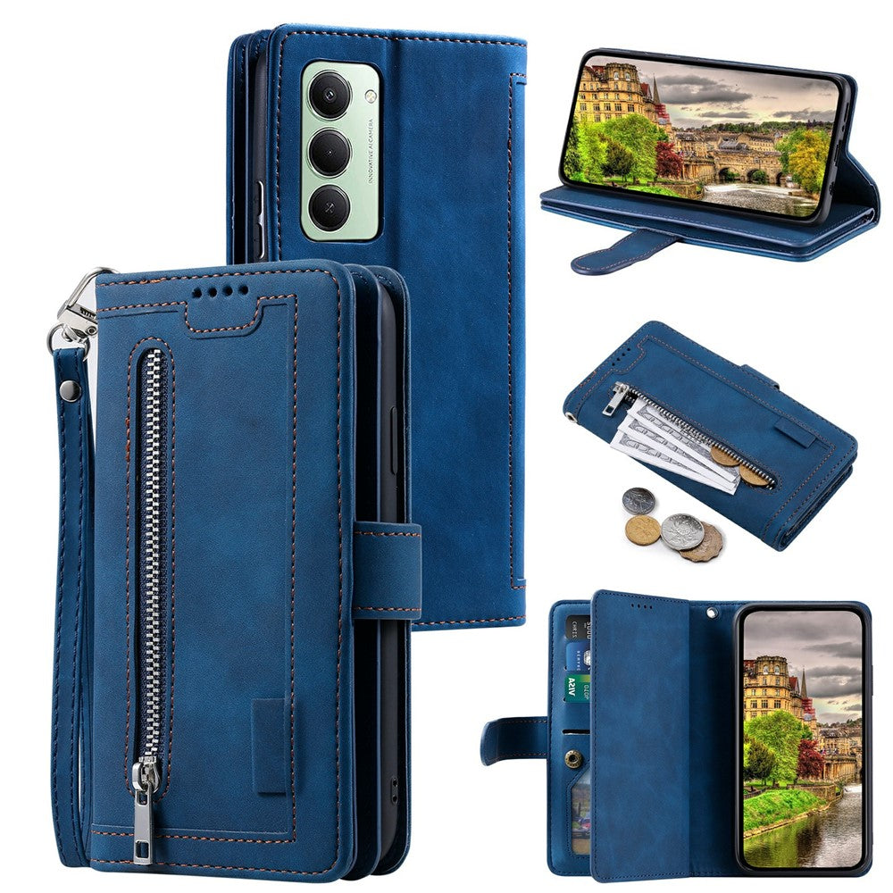 Etui til Xiaomi Redmi 15 5G (EU) (171mm) / 4G (EU) (171mm) med 9 kortlommer, lynlås, tegnebog, PU-læder og håndledsrem