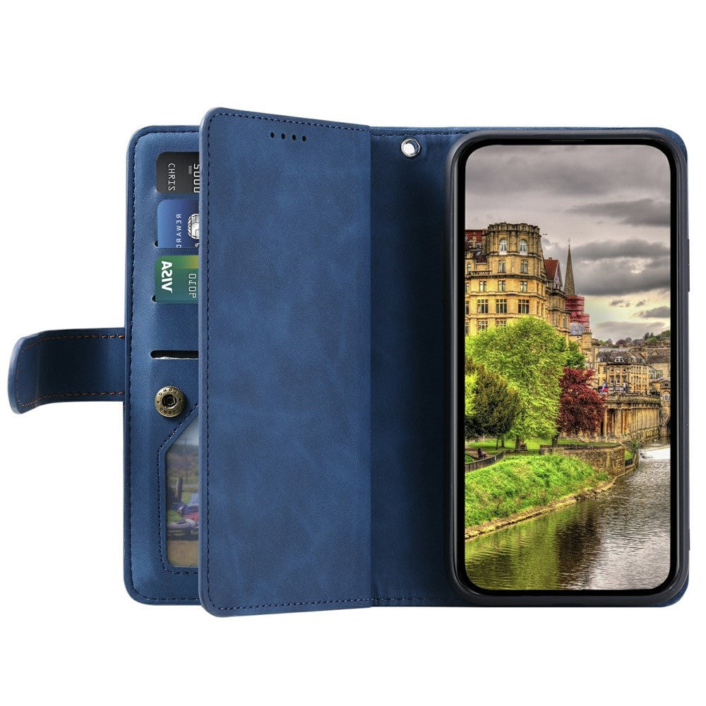 Etui til Xiaomi Redmi 15 5G (EU) (171mm) / 4G (EU) (171mm) med 9 kortlommer, lynlås, tegnebog, PU-læder og håndledsrem