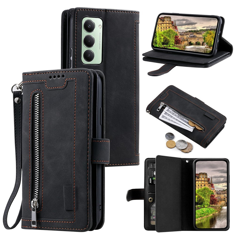 Etui til Xiaomi Redmi 15 5G (EU) (171mm) / 4G (EU) (171mm) med 9 kortlommer, lynlås, tegnebog, PU-læder og håndledsrem