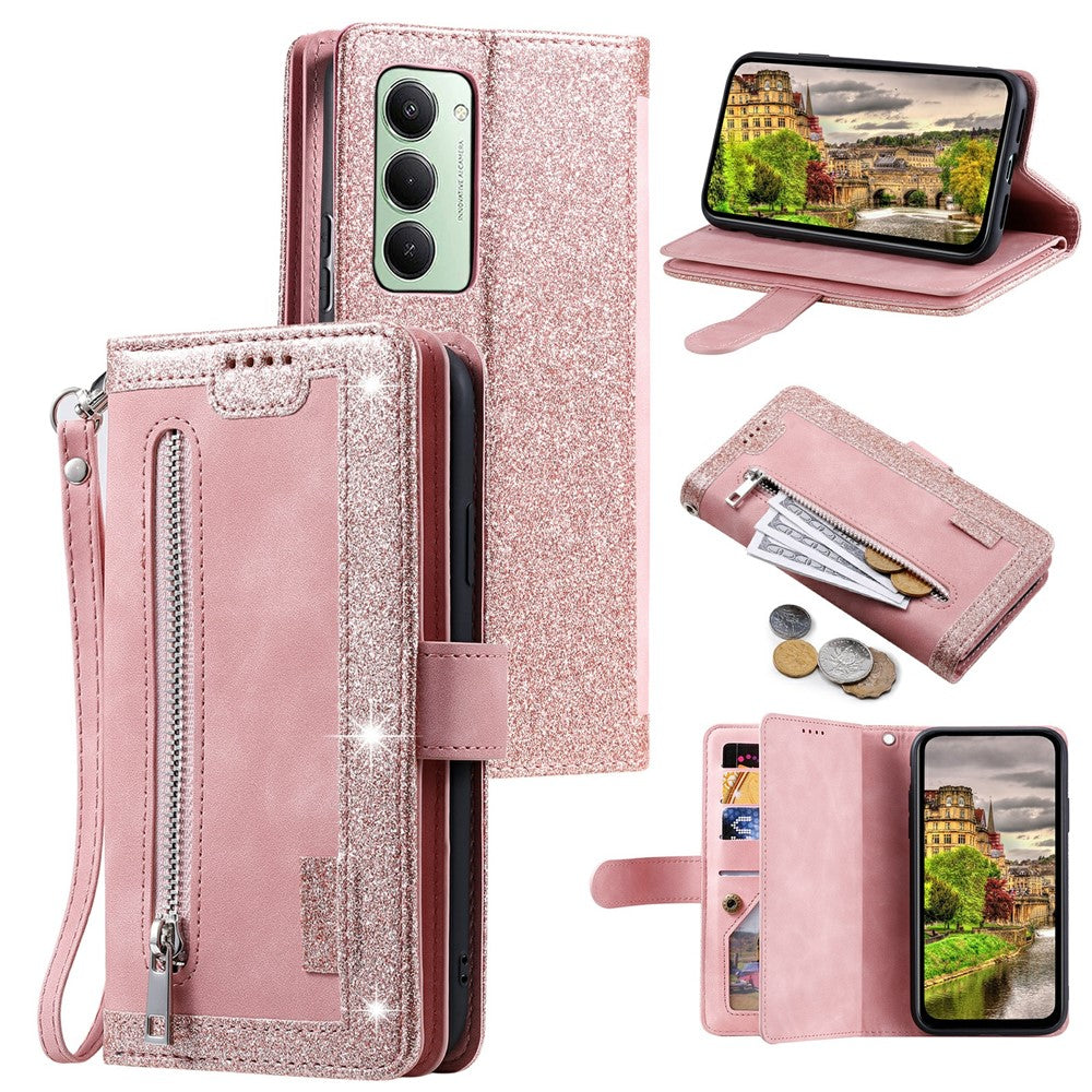 Etui til Xiaomi Redmi 15 5G (EU) (171mm) / 4G (EU) (171mm) med 9 kortlommer, lynlås, tegnebog, PU-læder og håndledsrem