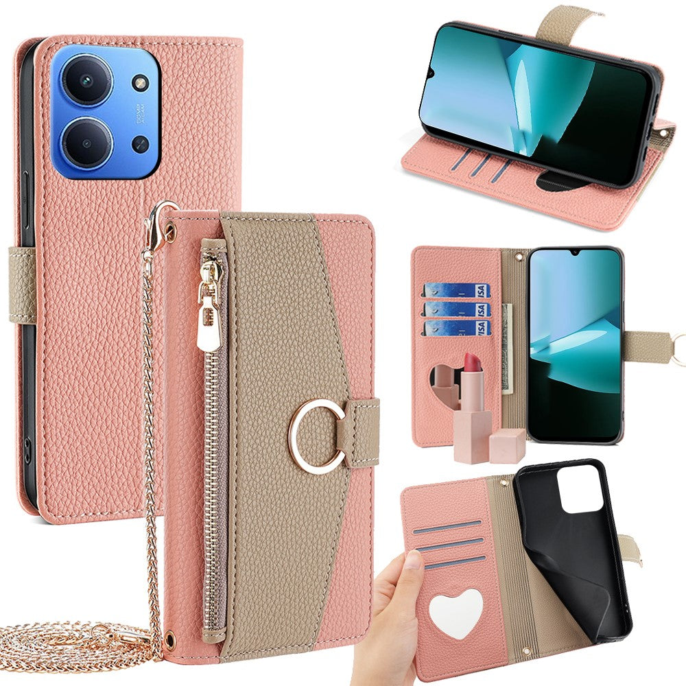 For Xiaomi Redmi 15C 4G (Global) (171mm) / Poco C85 4G (171mm) Case Mirror Wallet Leather Phone Cover with Chain Shoulder Strap
