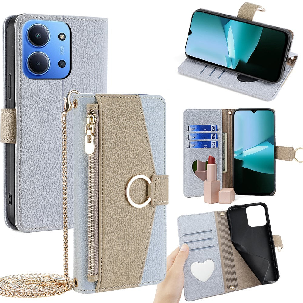 For Xiaomi Redmi 15C 4G (Global) (171mm) / Poco C85 4G (171mm) Case Mirror Wallet Leather Phone Cover with Chain Shoulder Strap