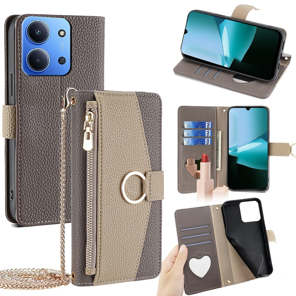 Læderetui til Xiaomi Redmi 15C 4G (EU) (173mm) / 15C 5G (EU) (173mm) / Poco C85 4G (173mm), spejl-pungetui til telefon med kæde og skulderrem
