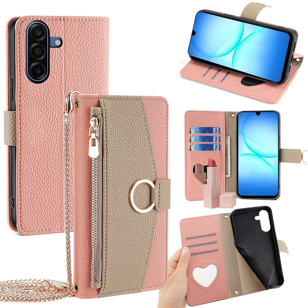 Til Samsung Galaxy A18 5G / A18 4G / A17 5G / A17 4G etui spejl pung læder telefoncover med kædeskulderrem