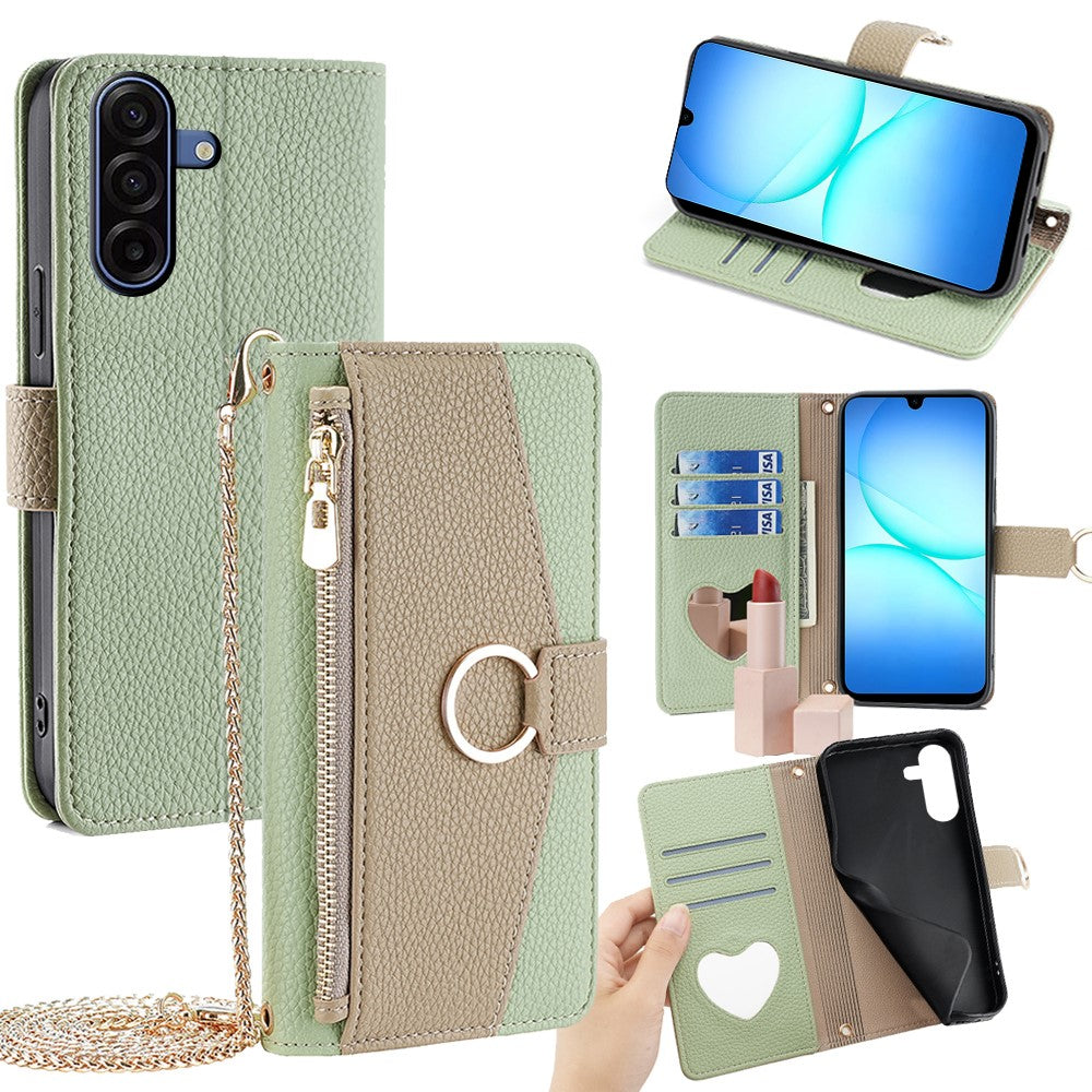 Til Samsung Galaxy A18 5G / A18 4G / A17 5G / A17 4G etui spejl pung læder telefoncover med kædeskulderrem