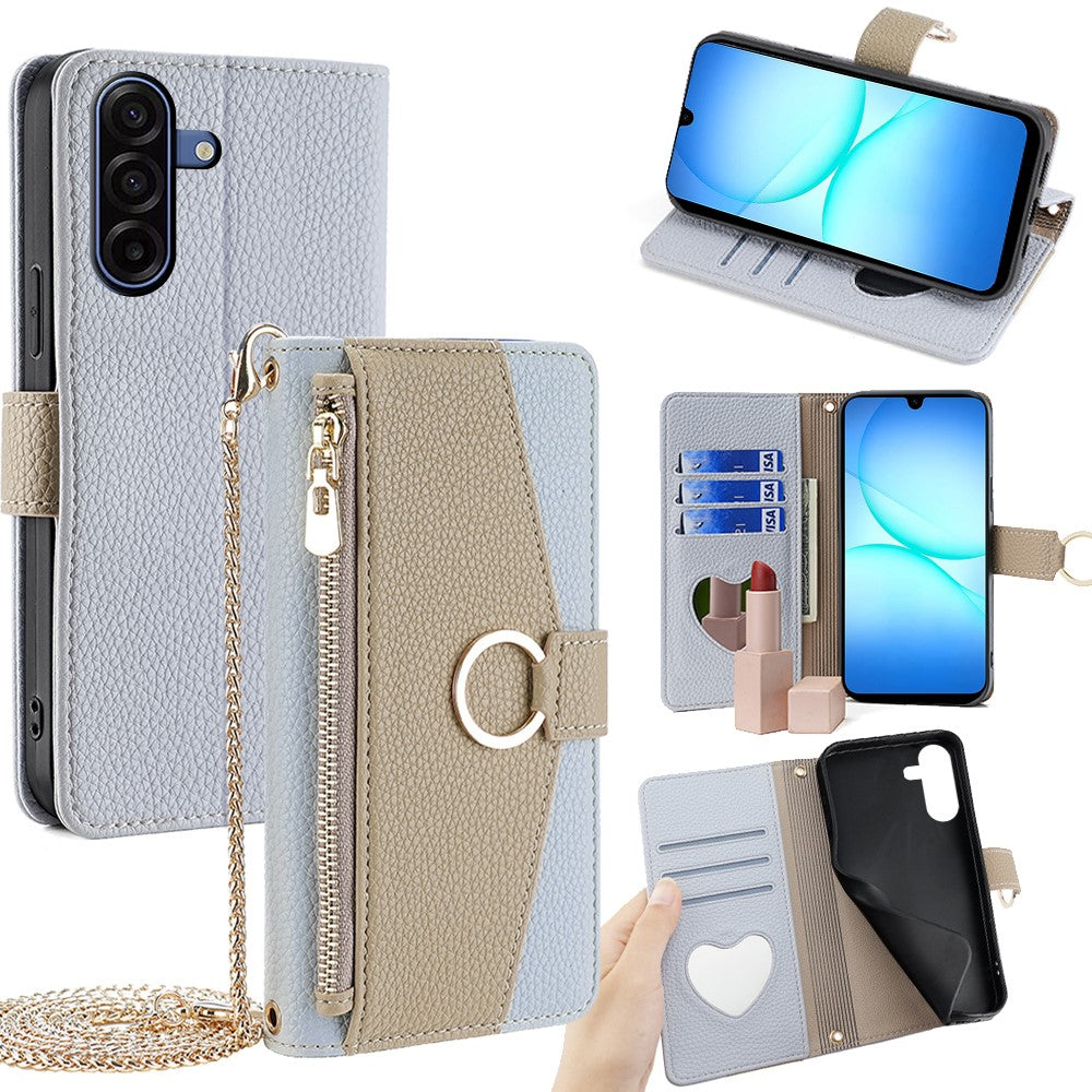 Til Samsung Galaxy A18 5G / A18 4G / A17 5G / A17 4G etui spejl pung læder telefoncover med kædeskulderrem