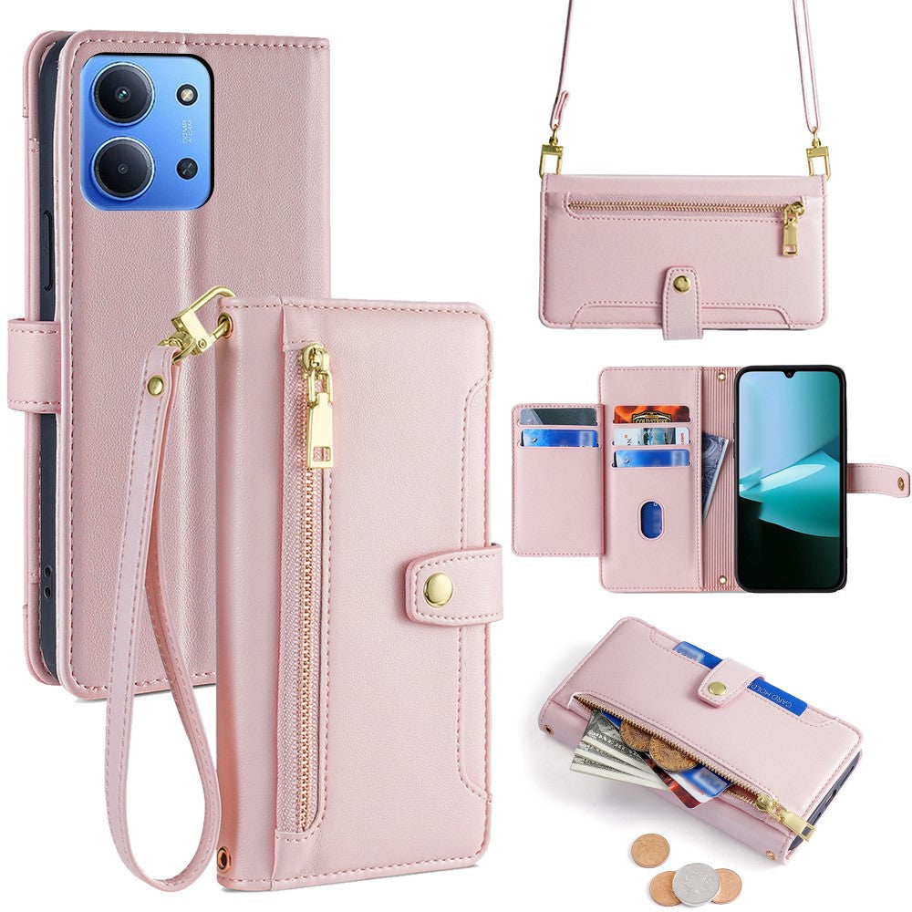 Leather Case for Xiaomi Redmi 15C 4G (EU) (173mm) / 15C 5G (EU) (173mm) / Poco C85 4G (173mm) Zipper Pocket Wallet Phone Cover with 2 Straps