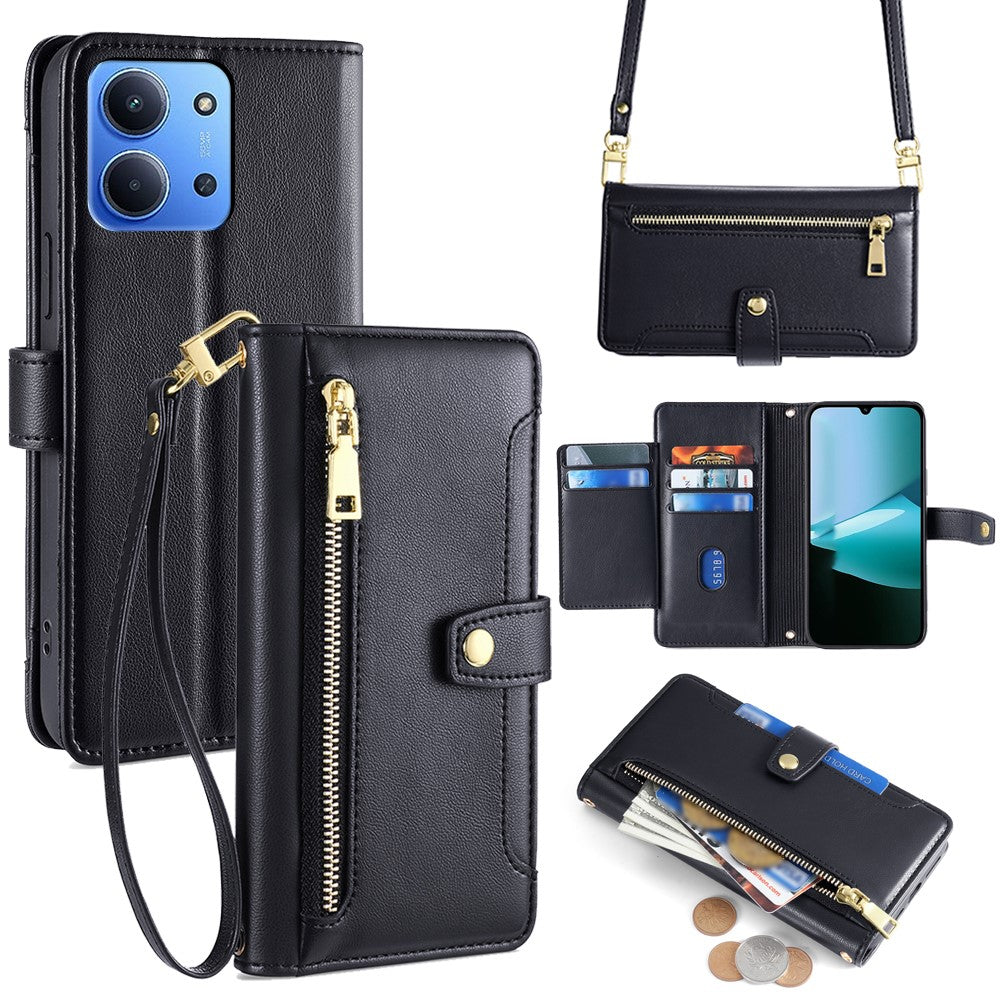 Leather Case for Xiaomi Redmi 15C 4G (EU) (173mm) / 15C 5G (EU) (173mm) / Poco C85 4G (173mm) Zipper Pocket Wallet Phone Cover with 2 Straps