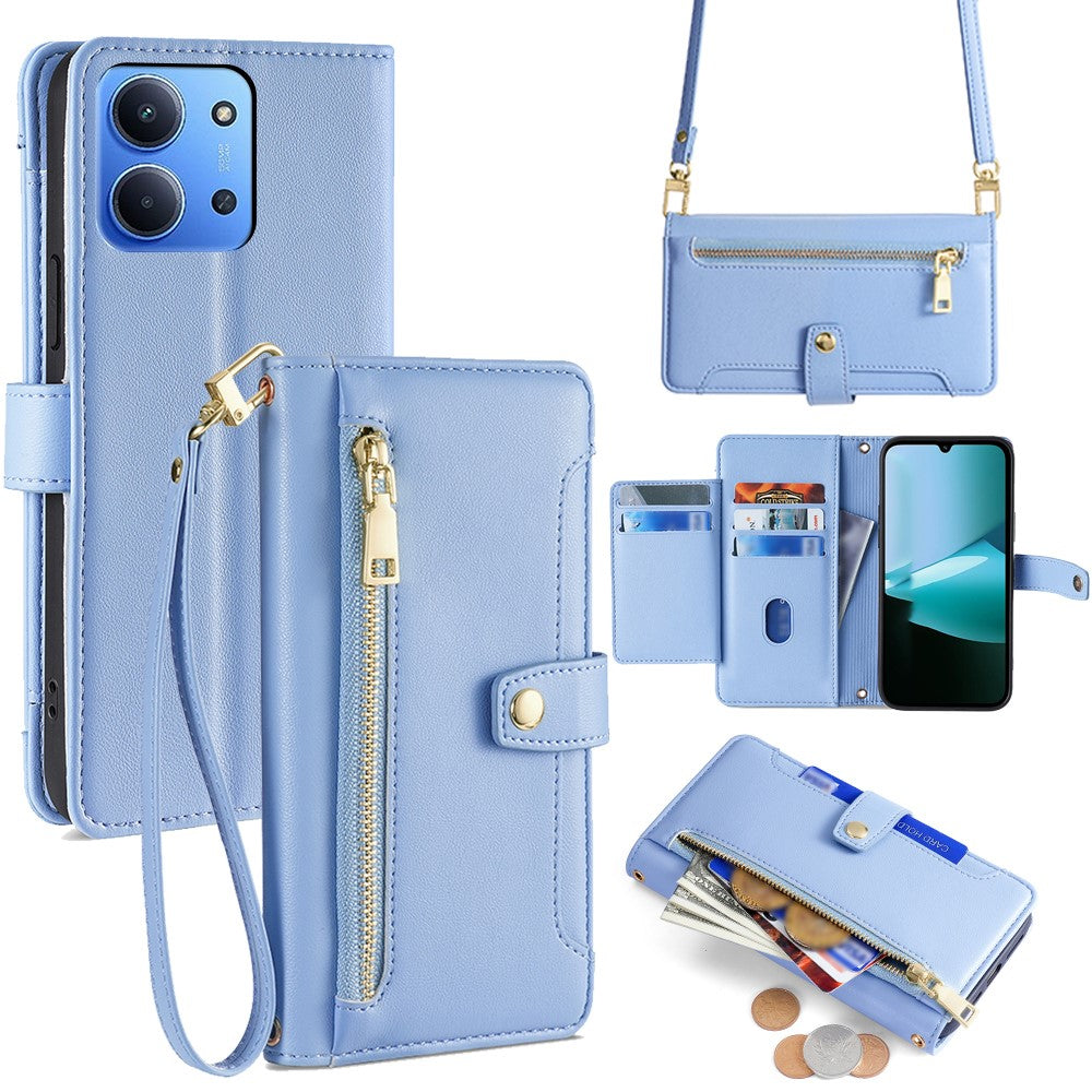 Leather Case for Xiaomi Redmi 15C 4G (EU) (173mm) / 15C 5G (EU) (173mm) / Poco C85 4G (173mm) Zipper Pocket Wallet Phone Cover with 2 Straps