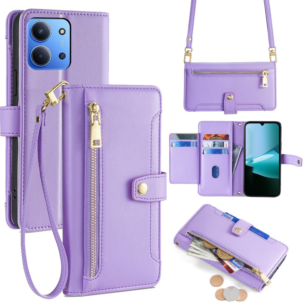 Leather Case for Xiaomi Redmi 15C 4G (EU) (173mm) / 15C 5G (EU) (173mm) / Poco C85 4G (173mm) Zipper Pocket Wallet Phone Cover with 2 Straps