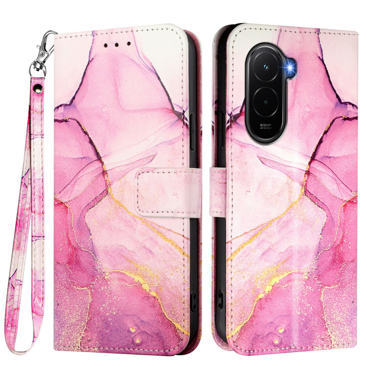 For Xiaomi Poco M7 Plus 5G / M7 4G (169mm) Case with Strap Marble Pattern Leather Phone Cover Card Holder