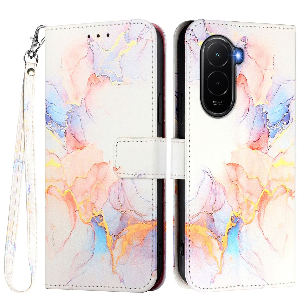 For Xiaomi Poco M7 Plus 5G / M7 4G (169mm) Case with Strap Marble Pattern Leather Phone Cover Card Holder