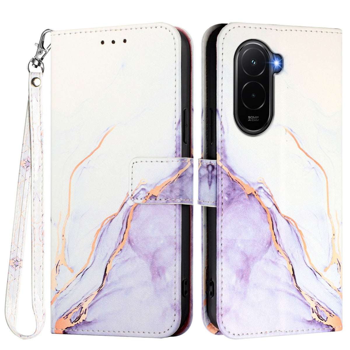 For Xiaomi Poco M7 Plus 5G / M7 4G (169mm) Case with Strap Marble Pattern Leather Phone Cover Card Holder