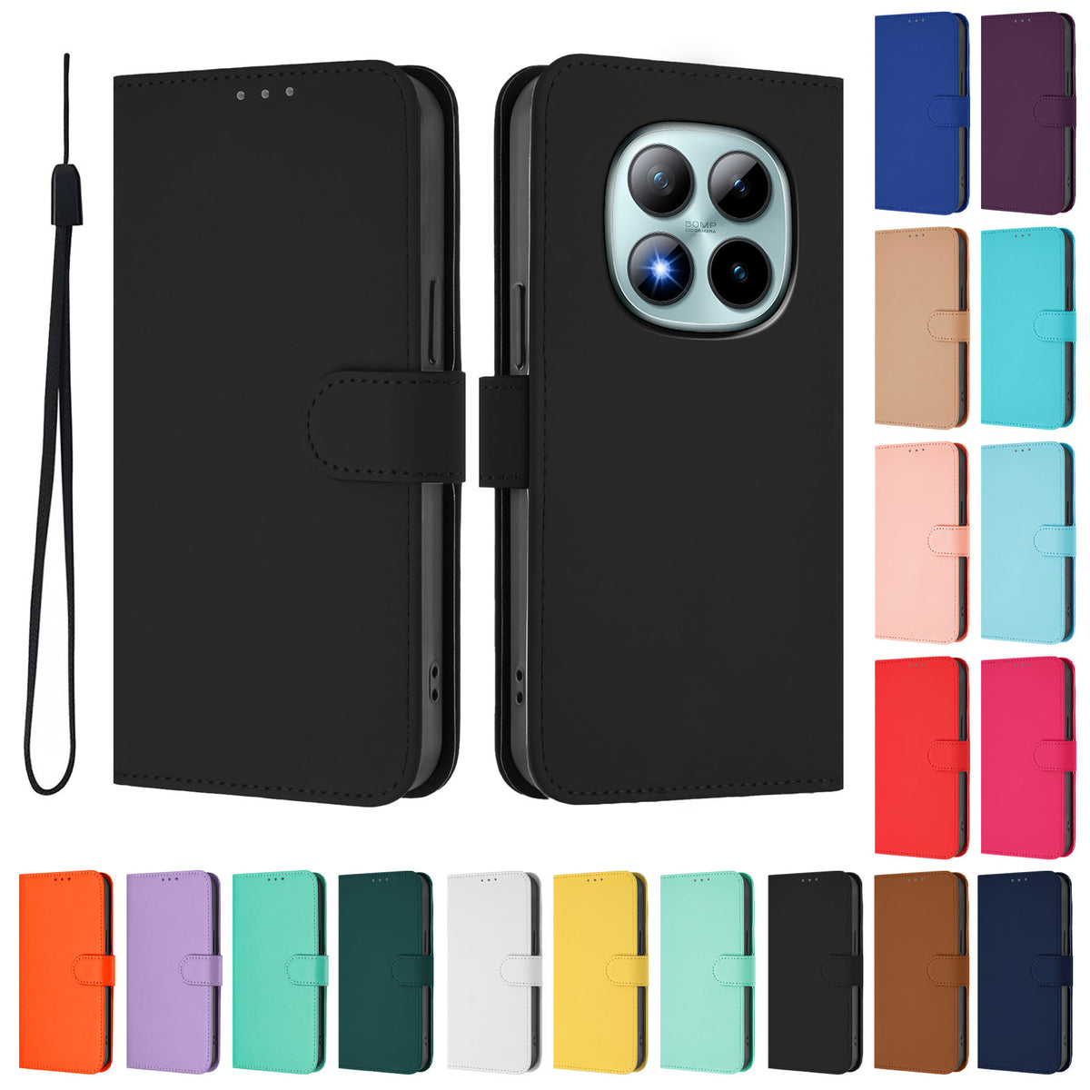 For Xiaomi Poco M8 Pro 5G / Redmi Note 15 Pro+ 5G (Global) Case Solid Color Wallet Leather Phone Cover with Strap