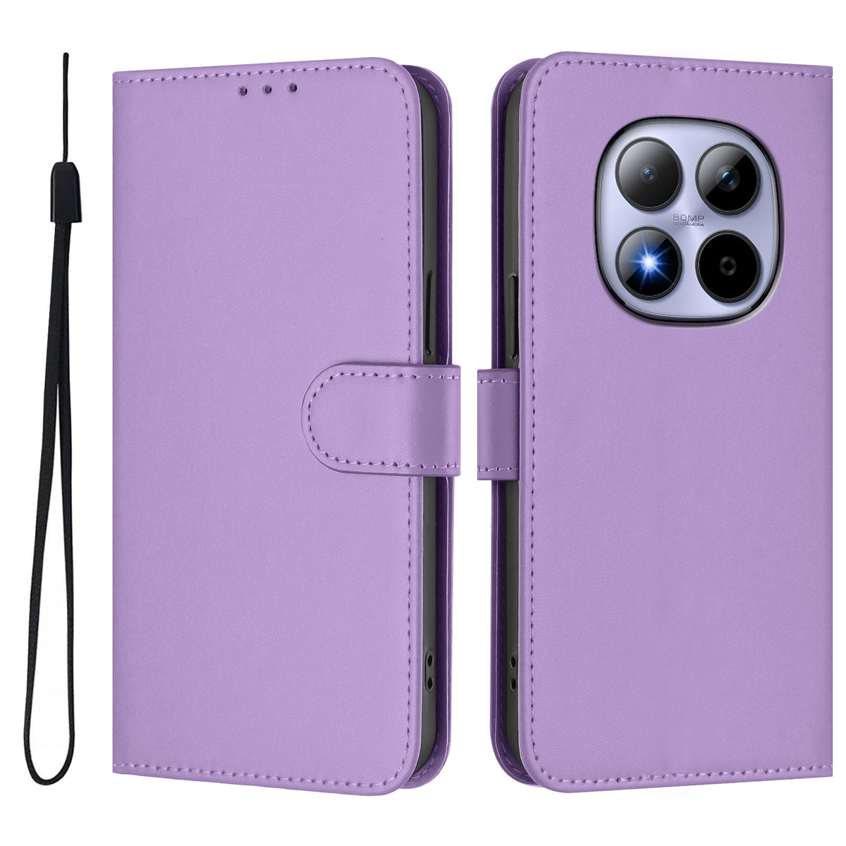 For Xiaomi Redmi Note 15 Pro 5G (Global) Case Solid Color Wallet Leather Phone Cover with Strap