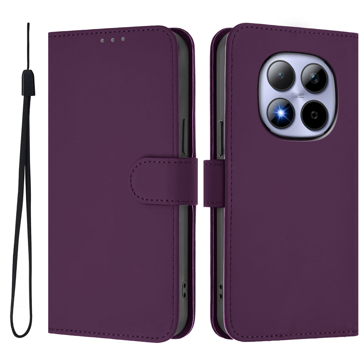 For Xiaomi Redmi Note 15 Pro 5G (Global) Case Solid Color Wallet Leather Phone Cover with Strap