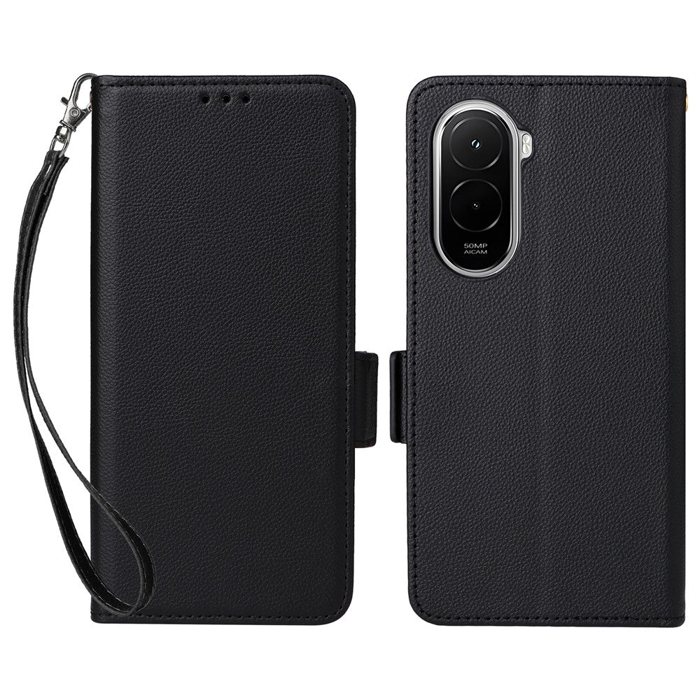 For Xiaomi Poco M7 Plus 5G / Poco M7 4G (169mm) Case Litchi Texture Wallet Leather Phone Cover with Wrist Strap