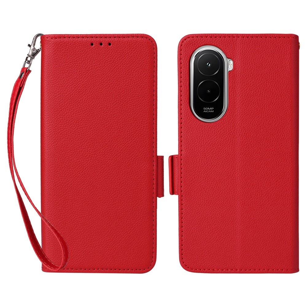 For Xiaomi Poco M7 Plus 5G / Poco M7 4G (169mm) Case Litchi Texture Wallet Leather Phone Cover with Wrist Strap