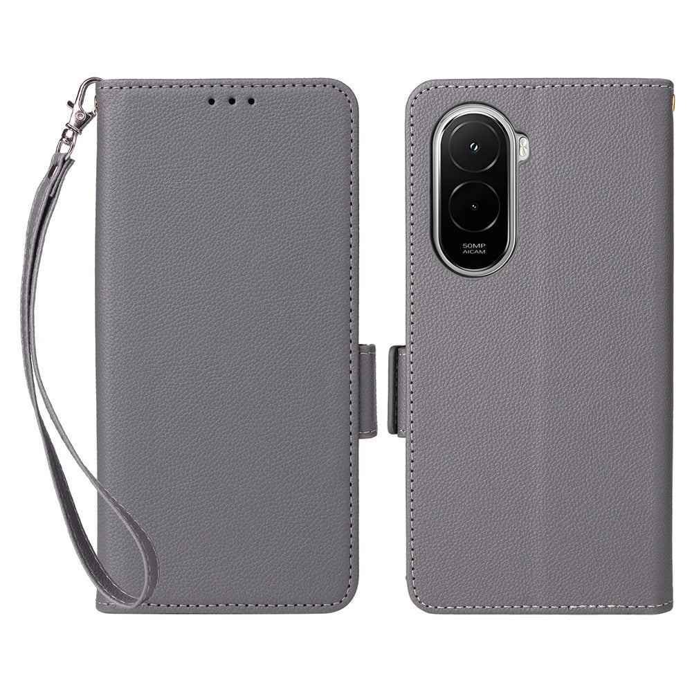 For Xiaomi Poco M7 Plus 5G / Poco M7 4G (169mm) Case Litchi Texture Wallet Leather Phone Cover with Wrist Strap