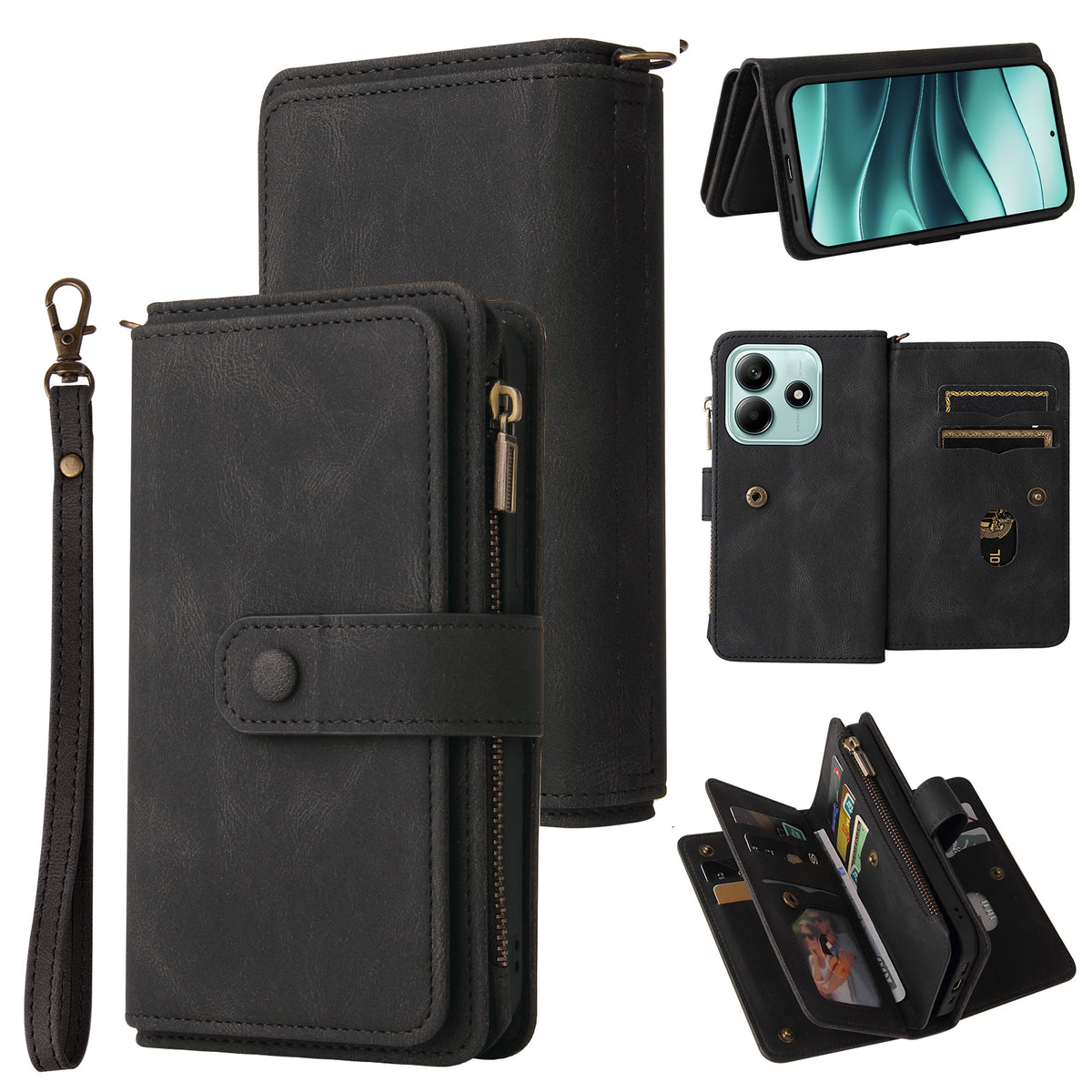 For Xiaomi Poco M7 Pro 5G / Xiaomi Redmi Note 14 5G Zipper Wallet Case with 15 Card Slots and Strap Leather Phone Cover