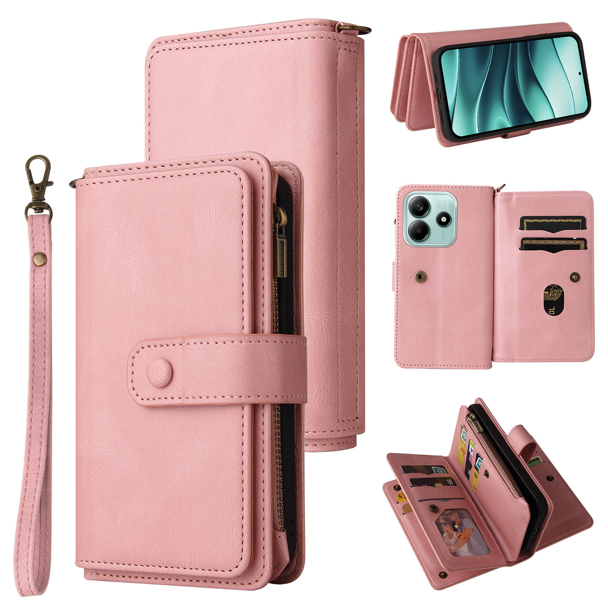 For Xiaomi Poco M7 Pro 5G / Xiaomi Redmi Note 14 5G Zipper Wallet Case with 15 Card Slots and Strap Leather Phone Cover