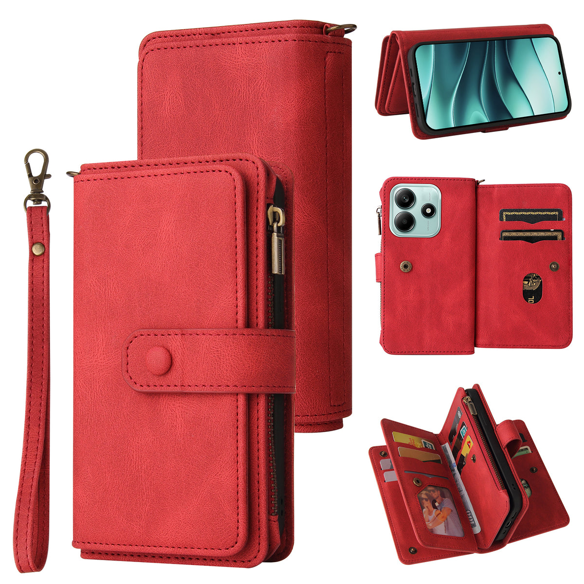 For Xiaomi Poco M7 Pro 5G / Xiaomi Redmi Note 14 5G Zipper Wallet Case with 15 Card Slots and Strap Leather Phone Cover