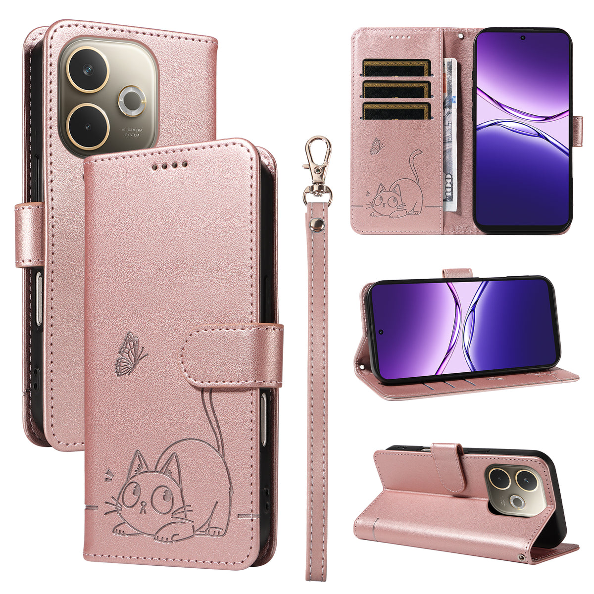 For Oppo A5 Energy 5G (China) / Oppo A5 Pro 5G (Global) Case Cat Pattern Imprint Leather Phone Cover with Wrist Strap