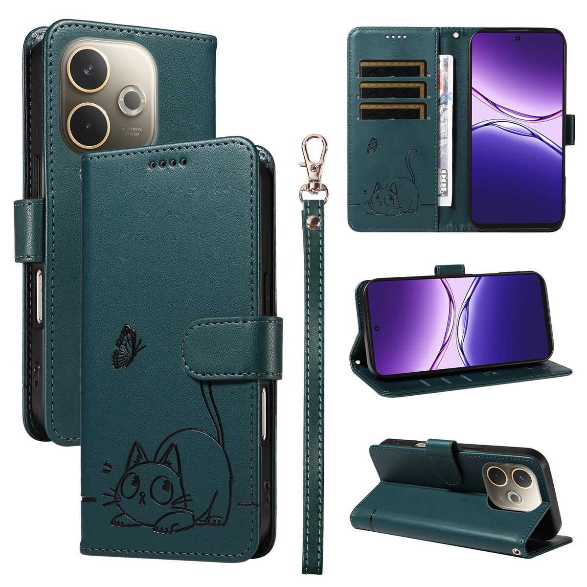 For Oppo A5 Energy 5G (China) / Oppo A5 Pro 5G (Global) Case Cat Pattern Imprint Leather Phone Cover with Wrist Strap