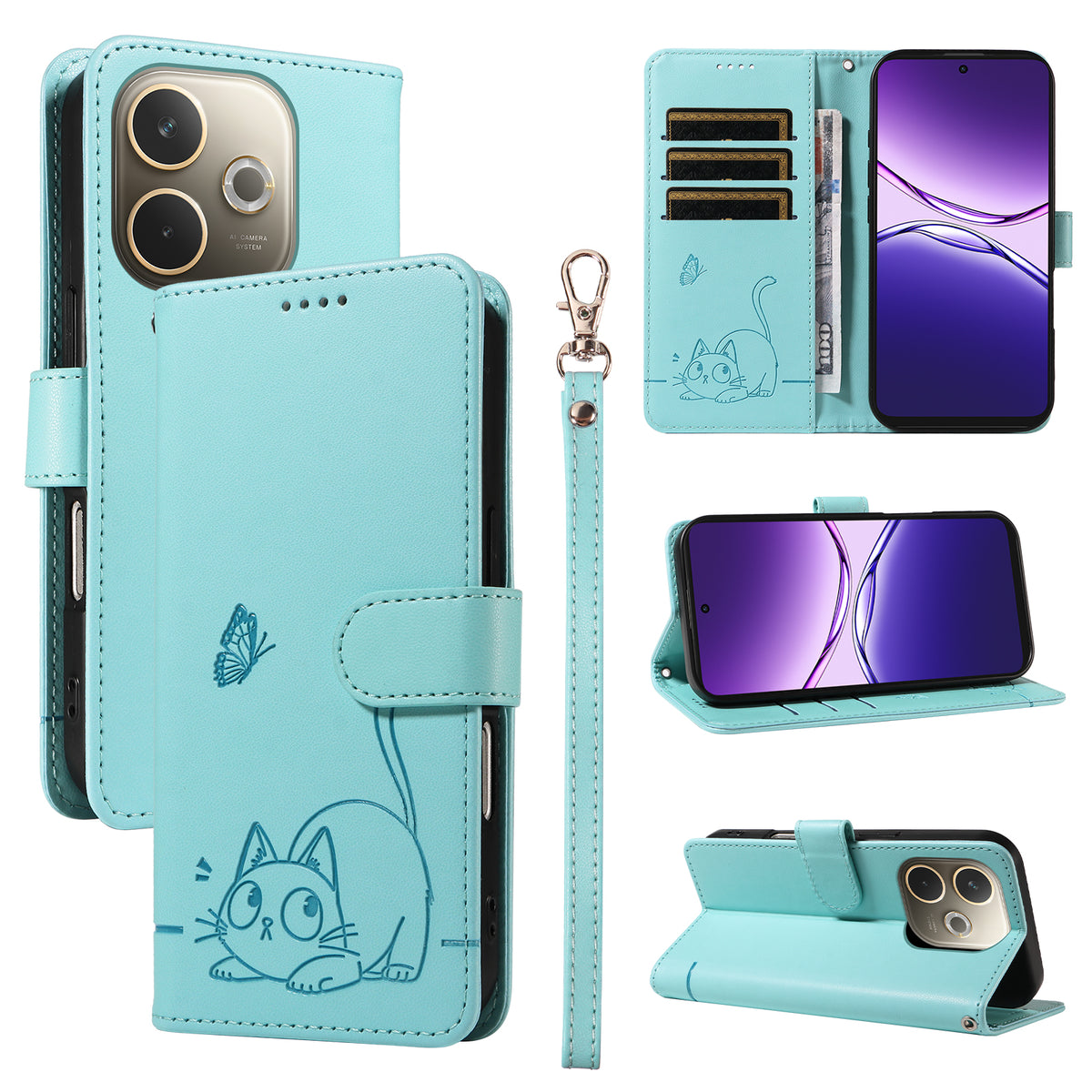For Oppo A5 Energy 5G (China) / Oppo A5 Pro 5G (Global) Case Cat Pattern Imprint Leather Phone Cover with Wrist Strap