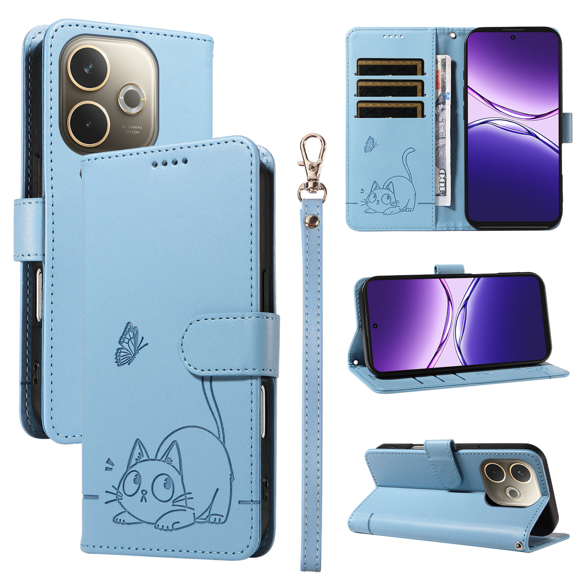 For Oppo A5 Energy 5G (China) / Oppo A5 Pro 5G (Global) Case Cat Pattern Imprint Leather Phone Cover with Wrist Strap