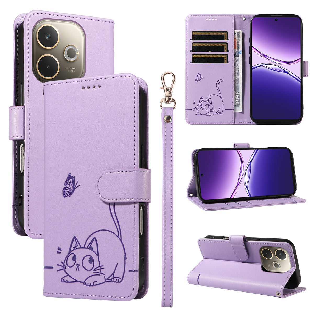 For Oppo A5 Energy 5G (China) / Oppo A5 Pro 5G (Global) Case Cat Pattern Imprint Leather Phone Cover with Wrist Strap