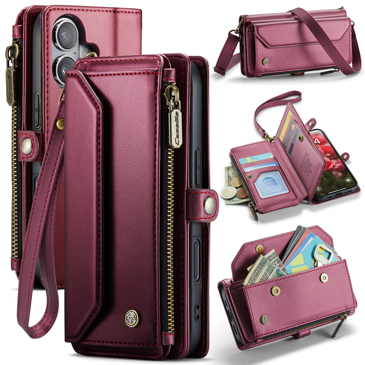 CASEME For iPhone 17 Leather Case  C36 Zipper 10 Card Slots Phone Cover with Straps