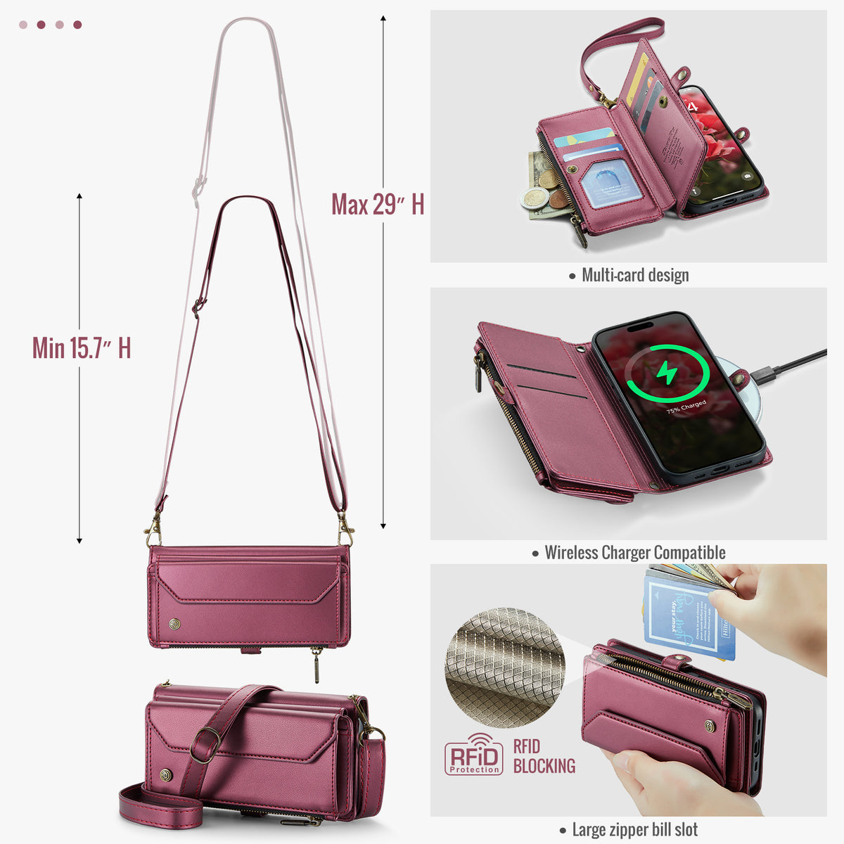 CASEME For iPhone 17 Leather Case  C36 Zipper 10 Card Slots Phone Cover with Straps