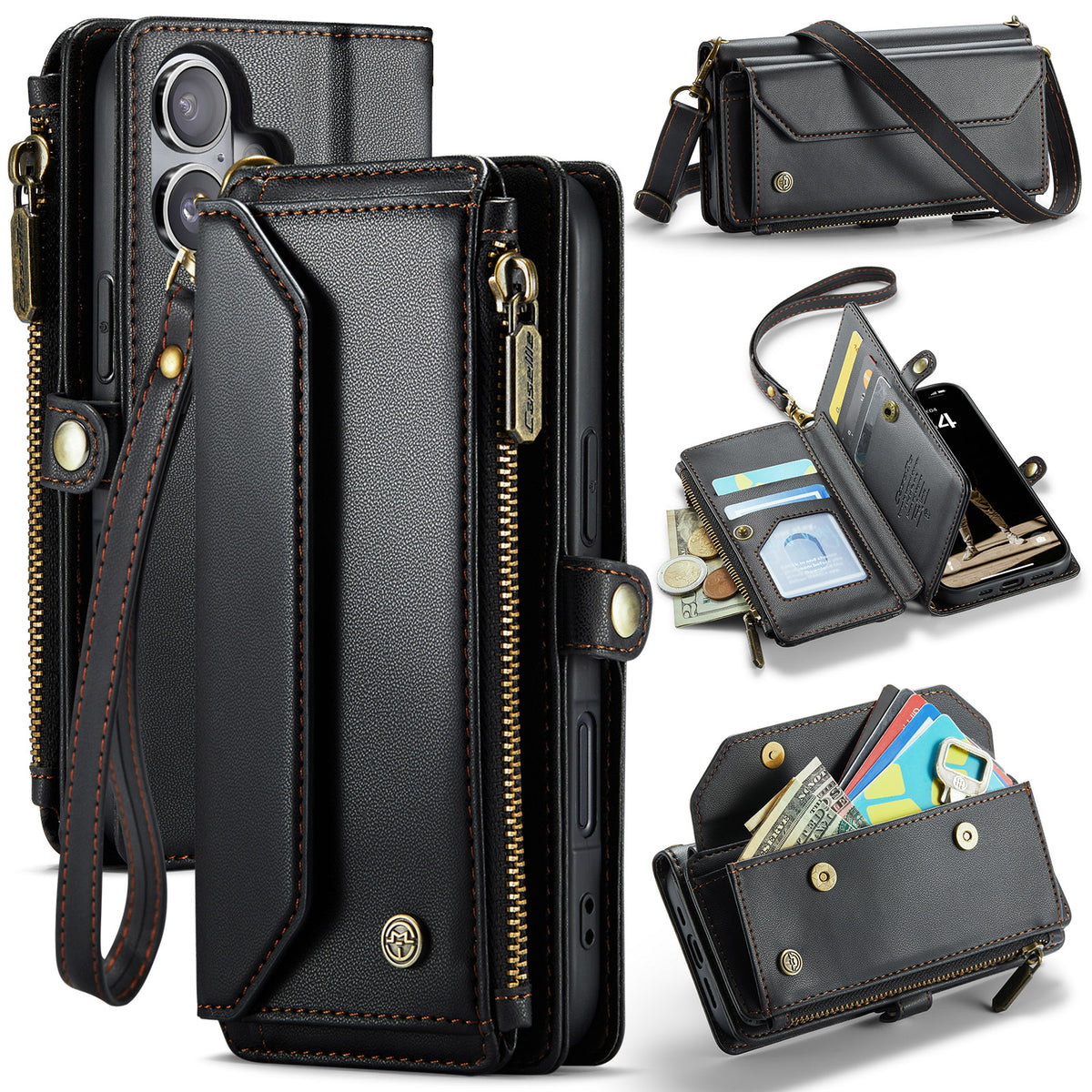 CASEME For iPhone 17 Leather Case  C36 Zipper 10 Card Slots Phone Cover with Straps
