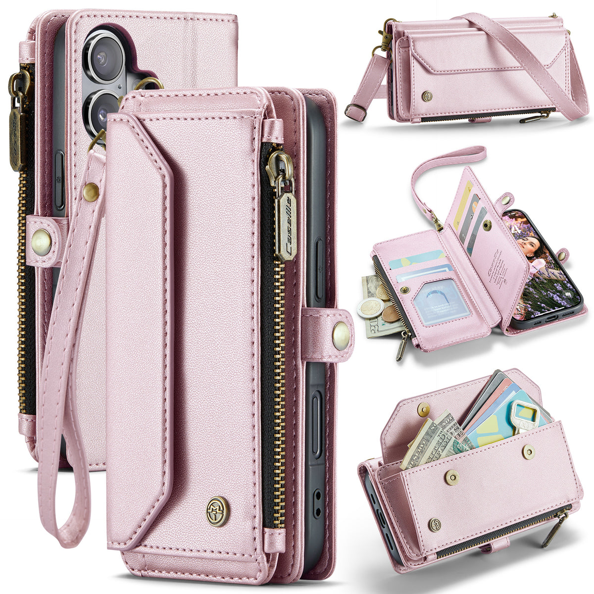 CASEME For iPhone 17 Leather Case  C36 Zipper 10 Card Slots Phone Cover with Straps