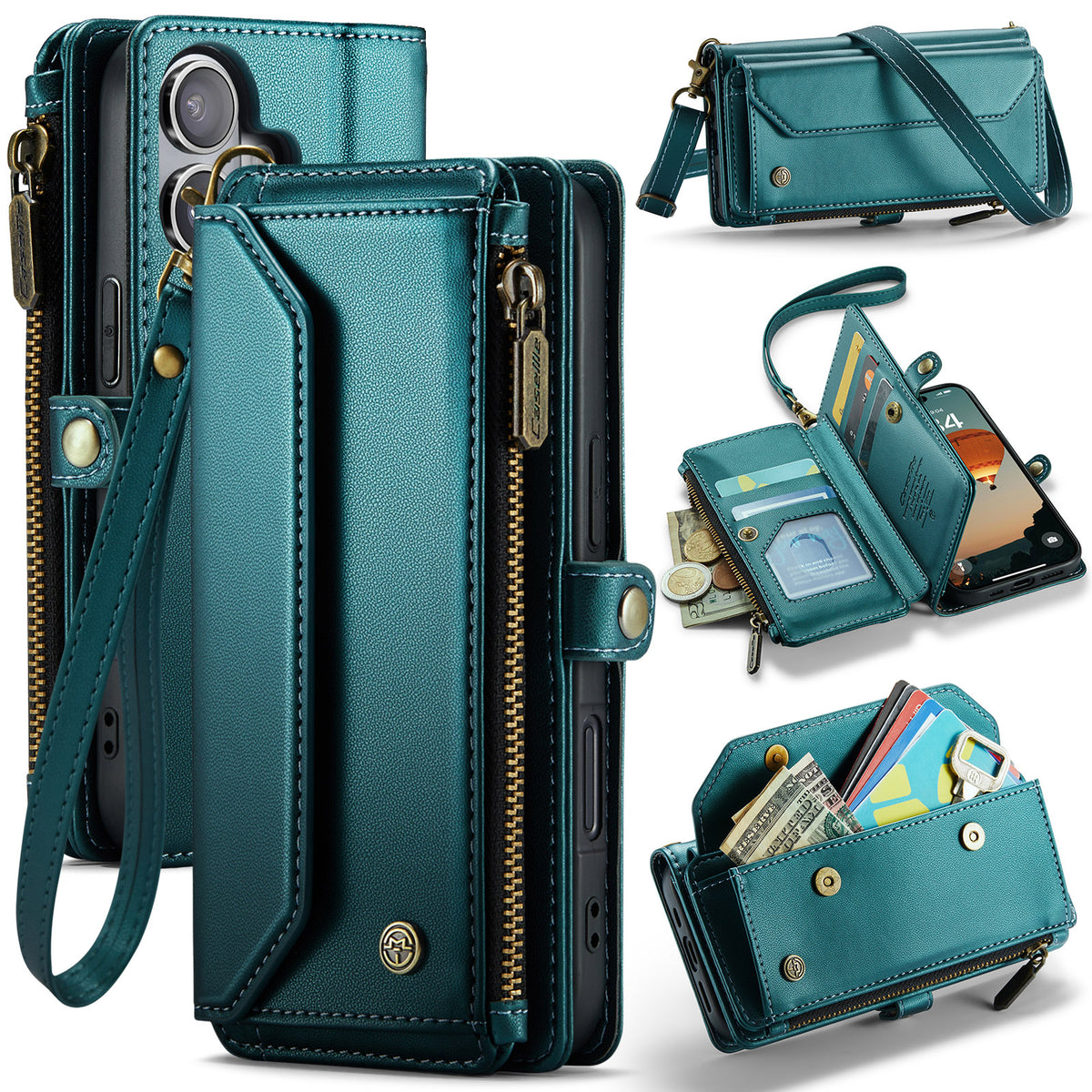 CASEME For iPhone 17 Leather Case  C36 Zipper 10 Card Slots Phone Cover with Straps