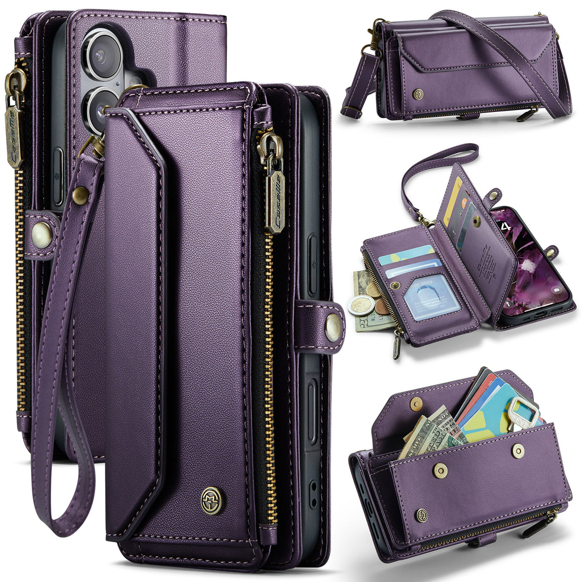 CASEME For iPhone 17 Leather Case  C36 Zipper 10 Card Slots Phone Cover with Straps