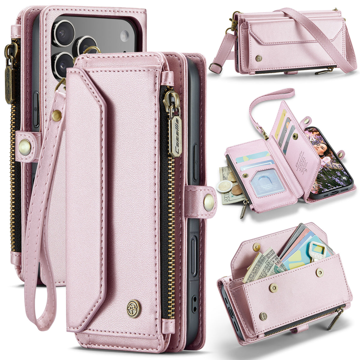 CASEME For iPhone 18 Pro / 17 Pro Leather Case C36 Zipper 10 Card Slots Phone Cover with Straps