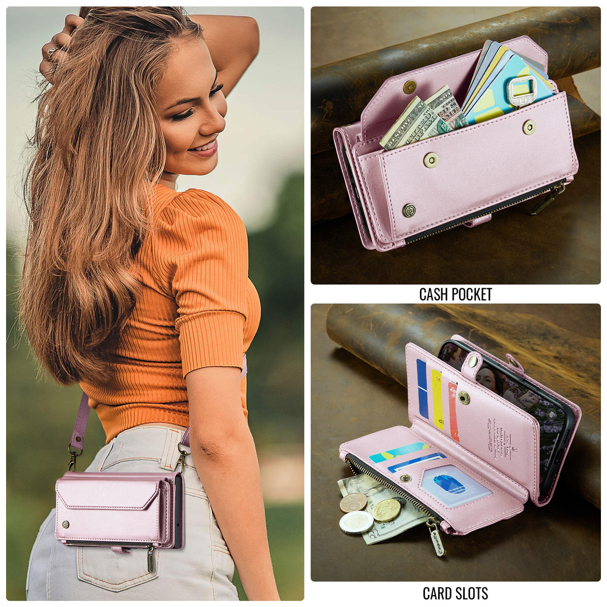 CASEME For iPhone 18 Pro / 17 Pro Leather Case C36 Zipper 10 Card Slots Phone Cover with Straps