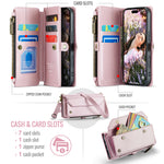CASEME For iPhone 18 Pro / 17 Pro Leather Case C36 Zipper 10 Card Slots Phone Cover with Straps