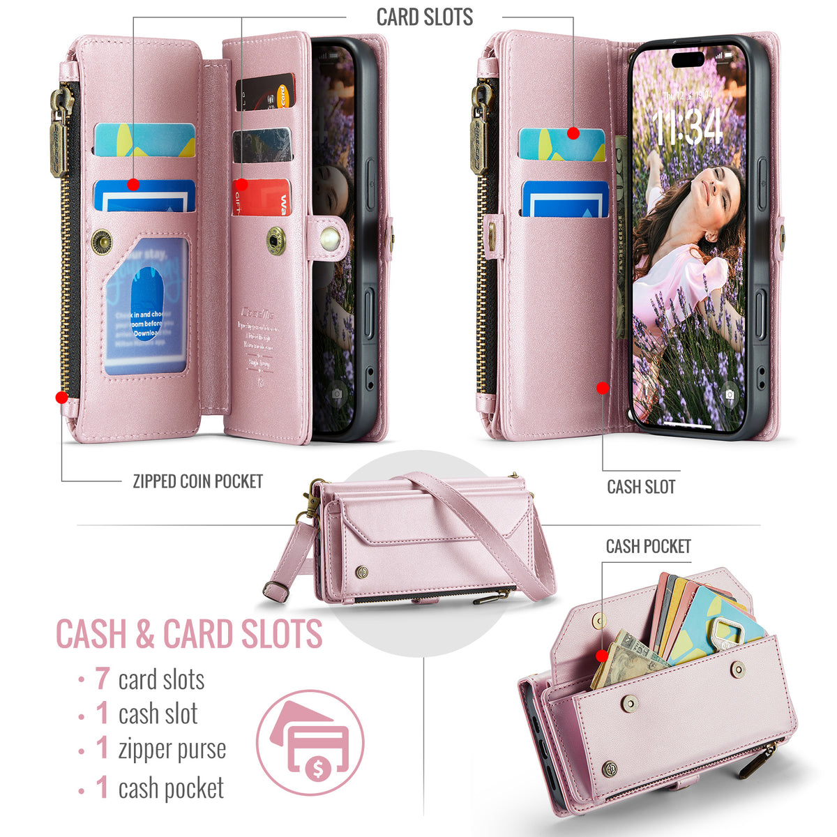 CASEME For iPhone 18 Pro / 17 Pro Leather Case C36 Zipper 10 Card Slots Phone Cover with Straps