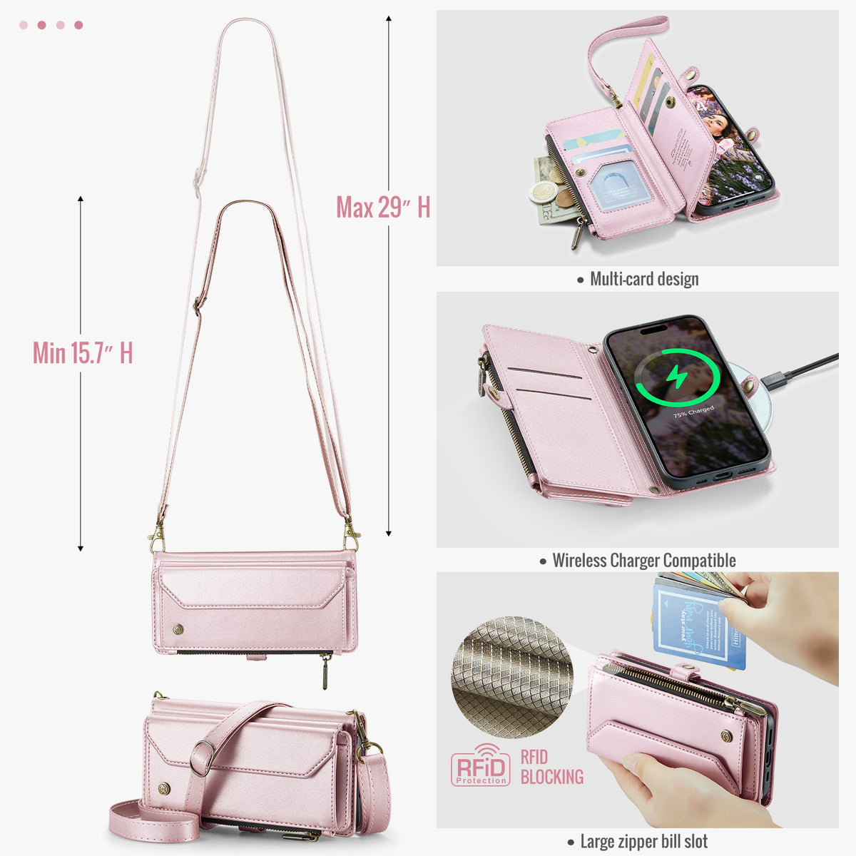 CASEME For iPhone 18 Pro / 17 Pro Leather Case C36 Zipper 10 Card Slots Phone Cover with Straps