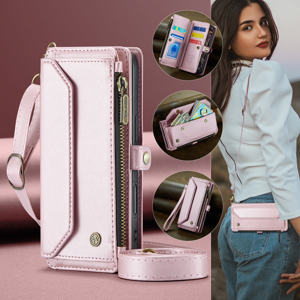 CASEME For iPhone 18 Pro / 17 Pro Leather Case C36 Zipper 10 Card Slots Phone Cover with Straps