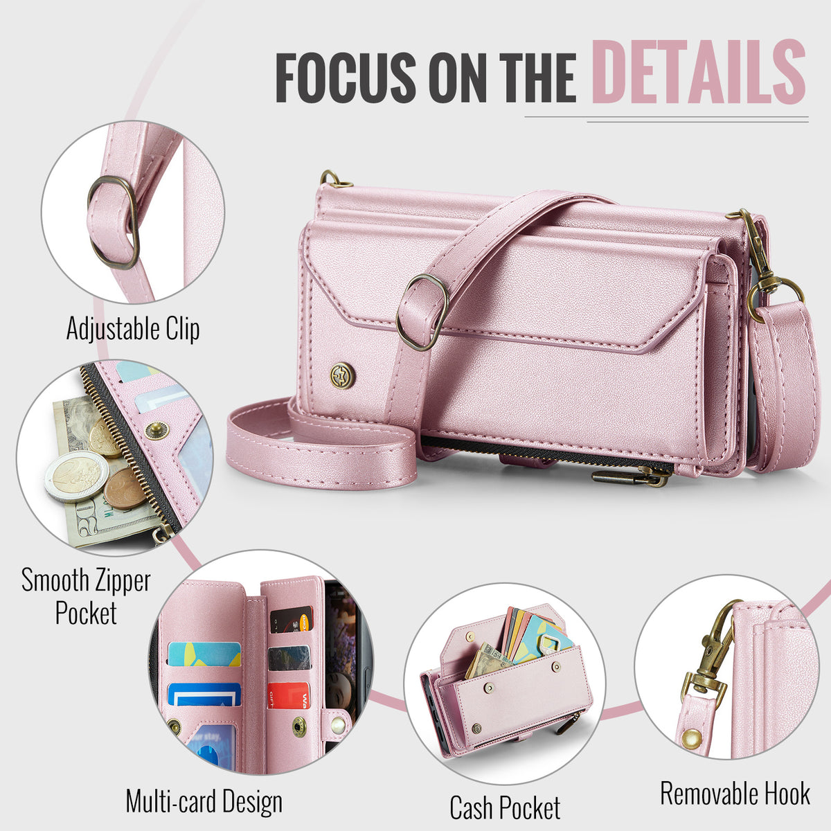 CASEME For iPhone 18 Pro / 17 Pro Leather Case C36 Zipper 10 Card Slots Phone Cover with Straps