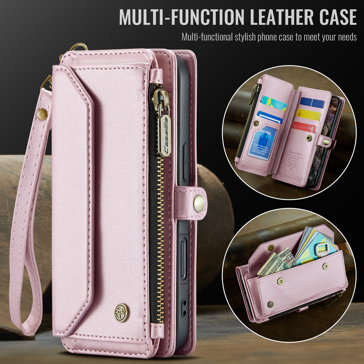 CASEME For iPhone 18 Pro / 17 Pro Leather Case C36 Zipper 10 Card Slots Phone Cover with Straps