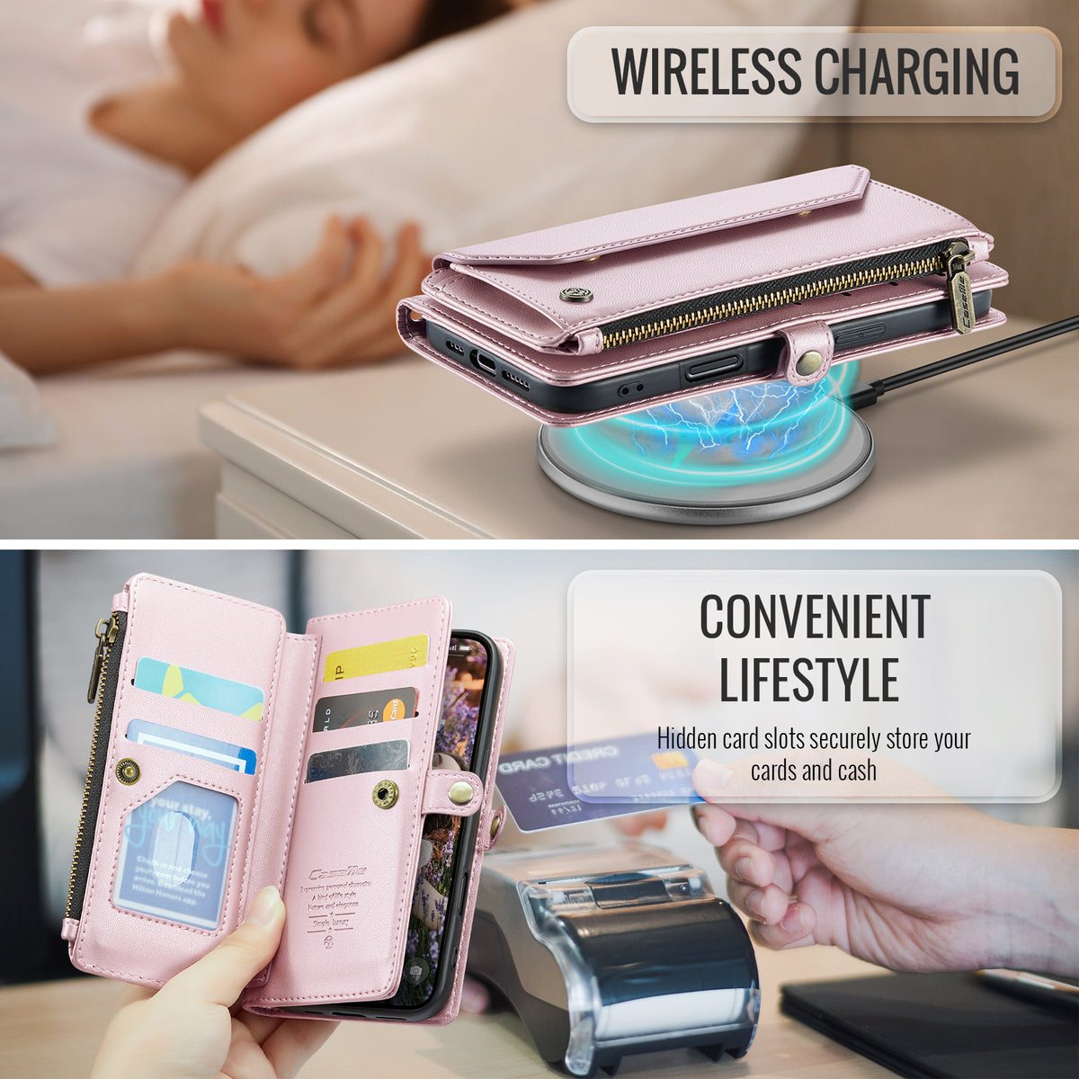 CASEME For iPhone 18 Pro / 17 Pro Leather Case C36 Zipper 10 Card Slots Phone Cover with Straps