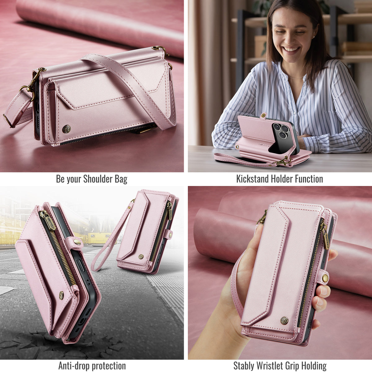 CASEME For iPhone 18 Pro / 17 Pro Leather Case C36 Zipper 10 Card Slots Phone Cover with Straps